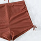 Brown Ribbed Swimwear Shorts Swimsuits Women Halter Bikinis Set String Drawstring Bathing Suit Beachwear