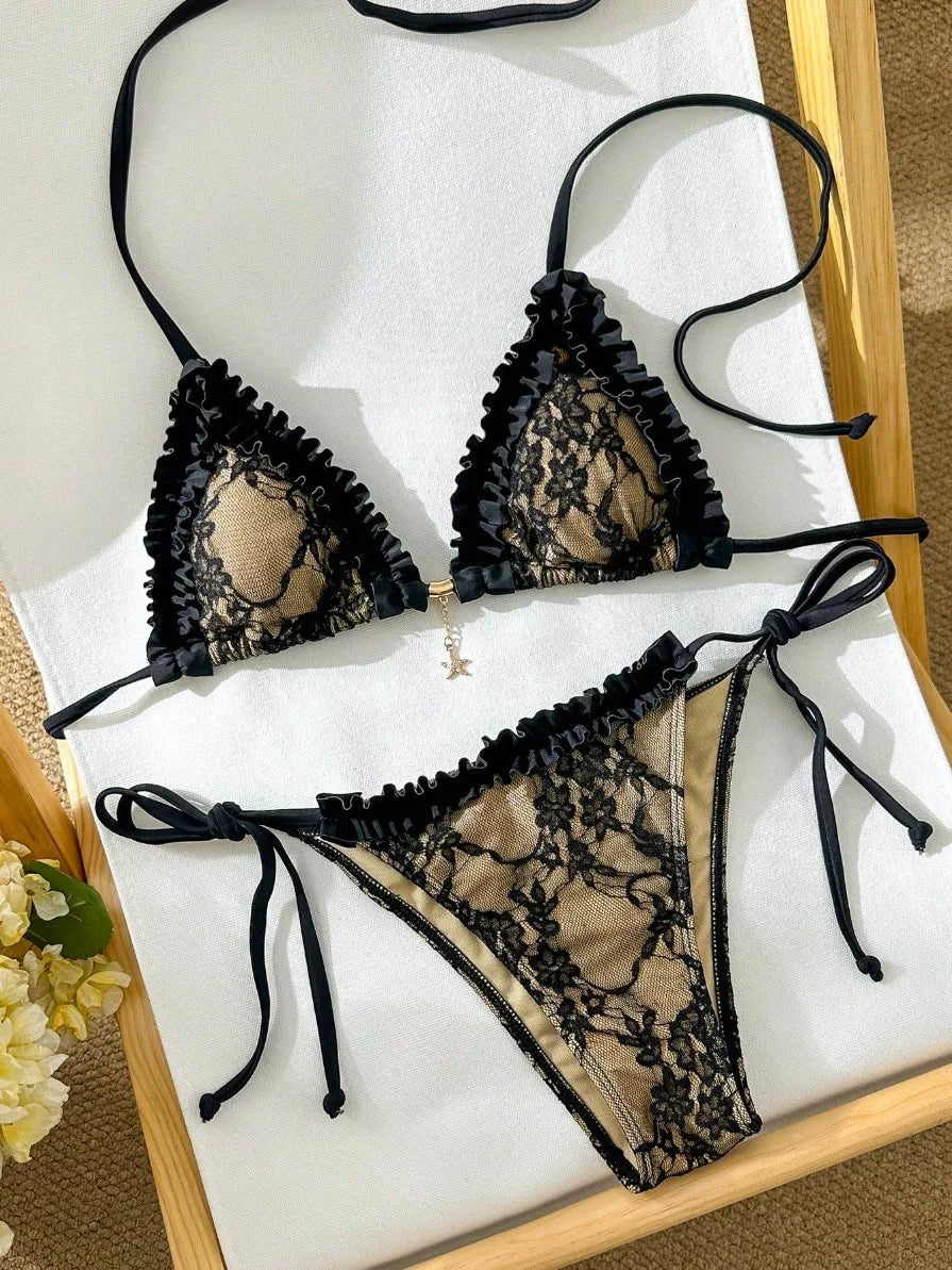 2-piece lace Brazilian bikini swimsuit set in black, featuring a textured lace design and adjustable straps