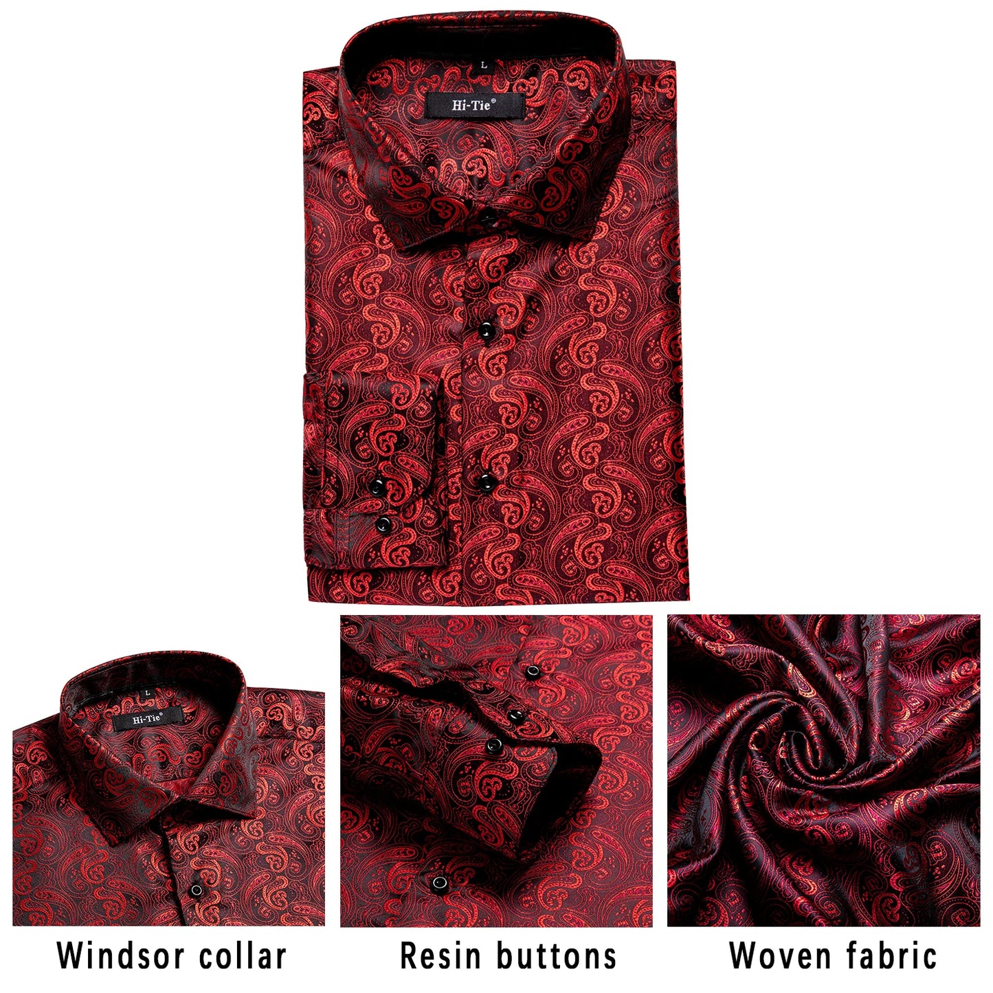 Hi-Tie Long Sleeve Silk Shirts for Men Suit Dress Outwear Male Slim Wedding Floral Paisley Gold Blue Red The Clothing Company Sydney