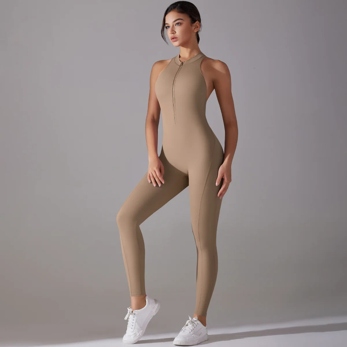 Hollow Backless Scrunch Sporty Jumpsuit Woman Gym Set One Piece Sport Suit Sleeveless Zip Yoga Fitness Overalls