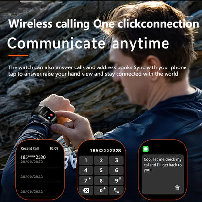 Men's LED smart watch by The Clothing Company Sydney featuring Bluetooth, voice control, health monitoring, and multi-sport modes.