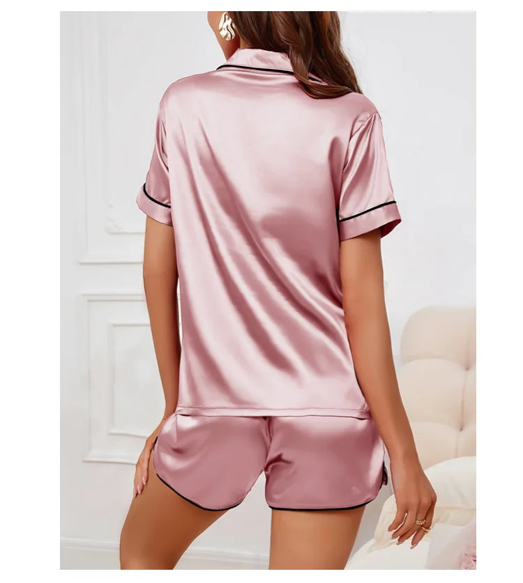 Women's Silk Satin Pyjama Set Button Down Short Sleeve Tops With Shorts 2 Pieces Sleepwear Suit Nightwear Loungewear The Clothing Company Sydney