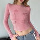 Sweet Bow Knit Spring Top Long Sleeve Pink Bow Women's T Shirts Clothes Basic Outfits