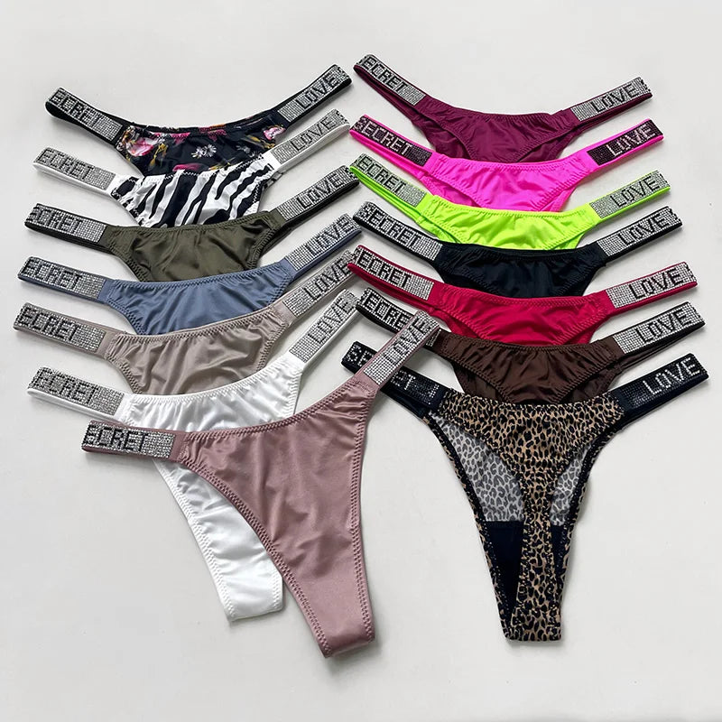 Letter Print Panties Women Thongs Rhinestones Diamonds G-string Sports Thong Low Waist Briefs T-back Underwear