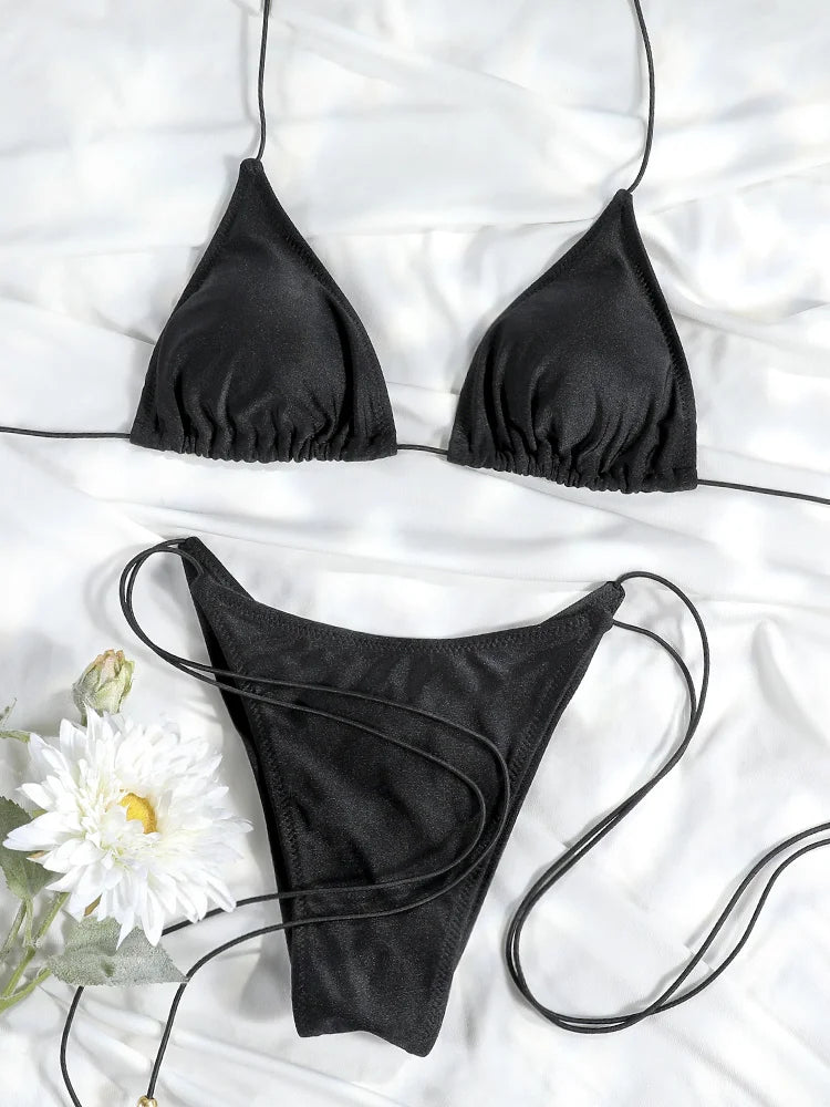 2 Piece Triangle Micro Thongs Swimsuit Bathing Suit Bandage Beachwear Print Swimwear Thong Bikini Set