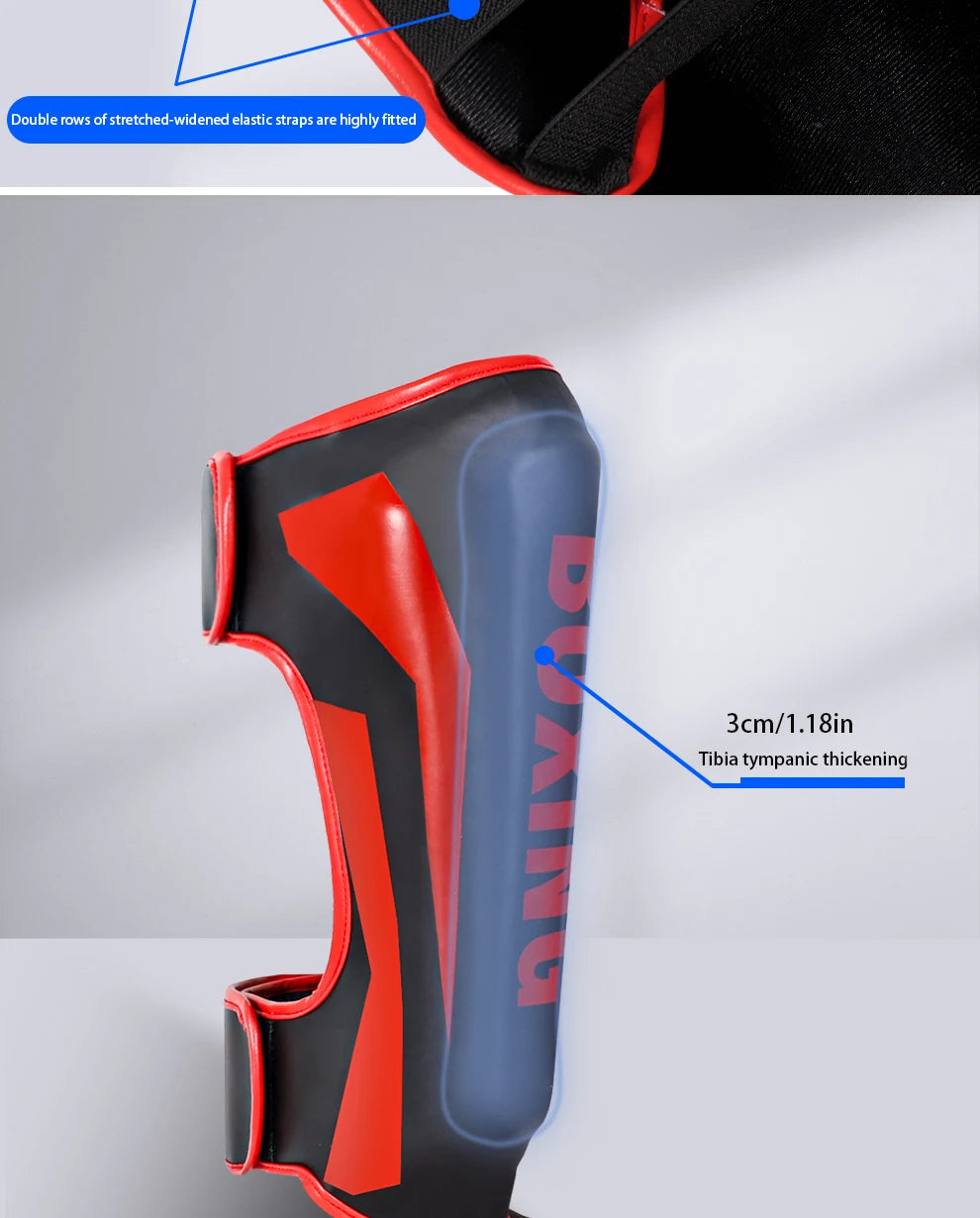 Muay Thai shin guards with foot and back protection for boxing, fighting, and taekwondo training