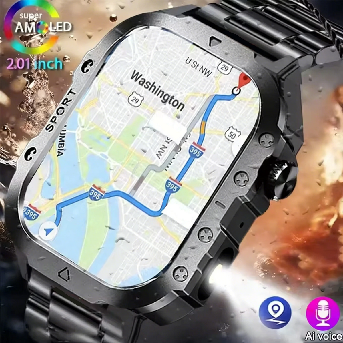 Men's LED smart watch by The Clothing Company Sydney with Bluetooth, voice control, multi-sport modes, and health monitoring features.