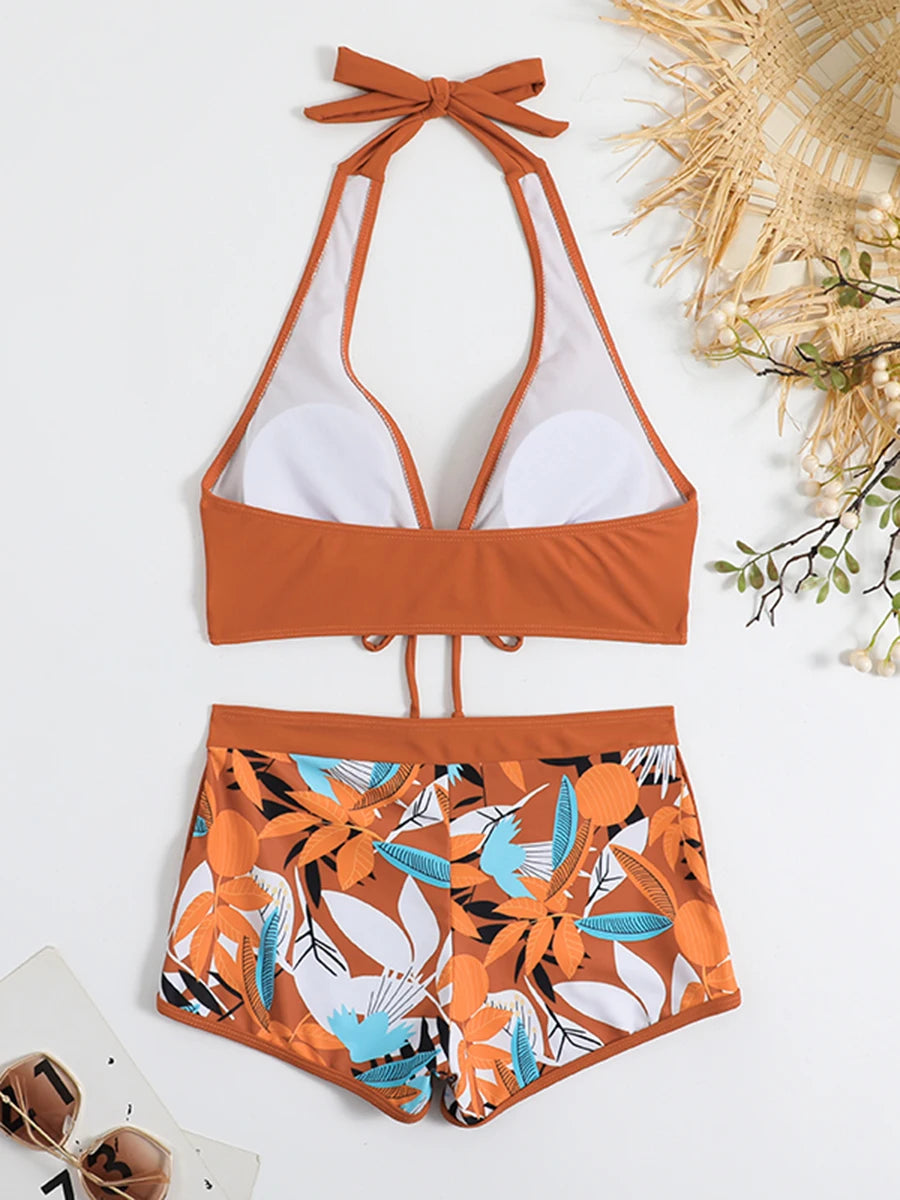 2 Piece Halter Bikini Set Shorts Swimsuit High Waist Swimwear Female Printed Bathers Swimming Bathing Swim Suit Beachwear