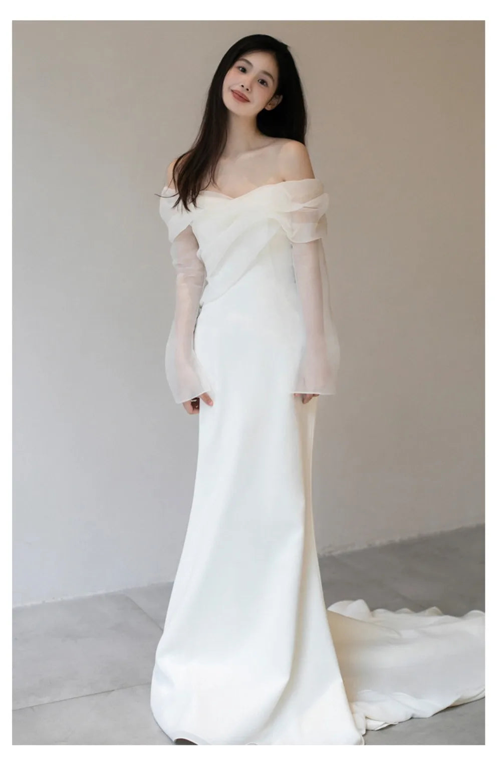 One Shoulder Satin Light Wedding Dress with Simple and Slim Fit Sweet Long Sleeved Bride Evening Gown