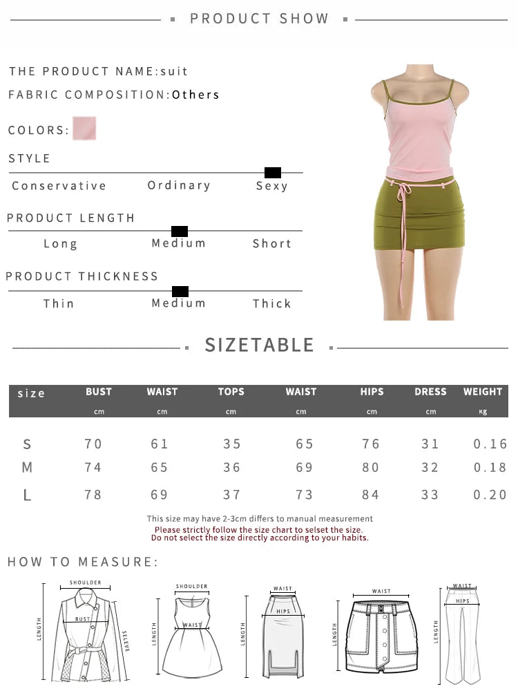 2 Piece Y2K Matching Set Womens Low-Neck Backless Camisole Top+Bandage Tassel Mini Skirt