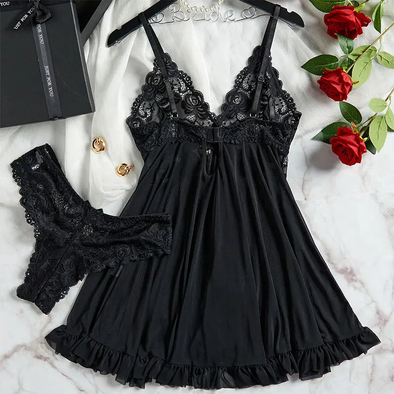 Women's plus size lace lingerie nightgown and thong set with suspender details, 2-piece nightdress ensemble