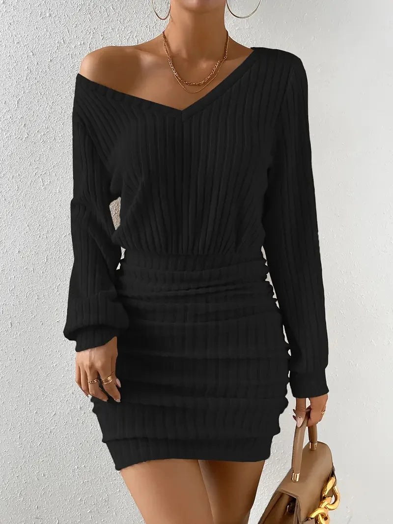 Women's Autumn Winter Knitted Sweater Mini Dress Female Casual Solid Wrap V-neck Long Sleeve Warm Bodycon Short Dress The Clothing Company Sydney