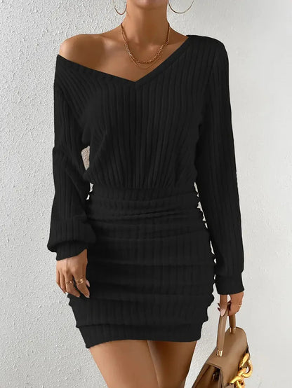 Women's Autumn Winter Knitted Sweater Mini Dress Female Casual Solid Wrap V-neck Long Sleeve Warm Bodycon Short Dress The Clothing Company Sydney