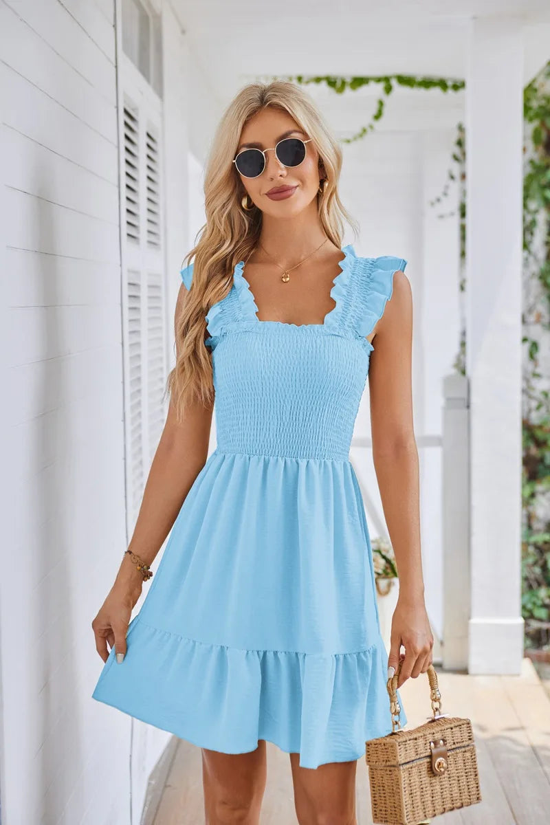 Womens Summer Casual Boho Sleeveless Backless Square Neck Smocked Ruffle Mini Dress A-Line Swing Sundress