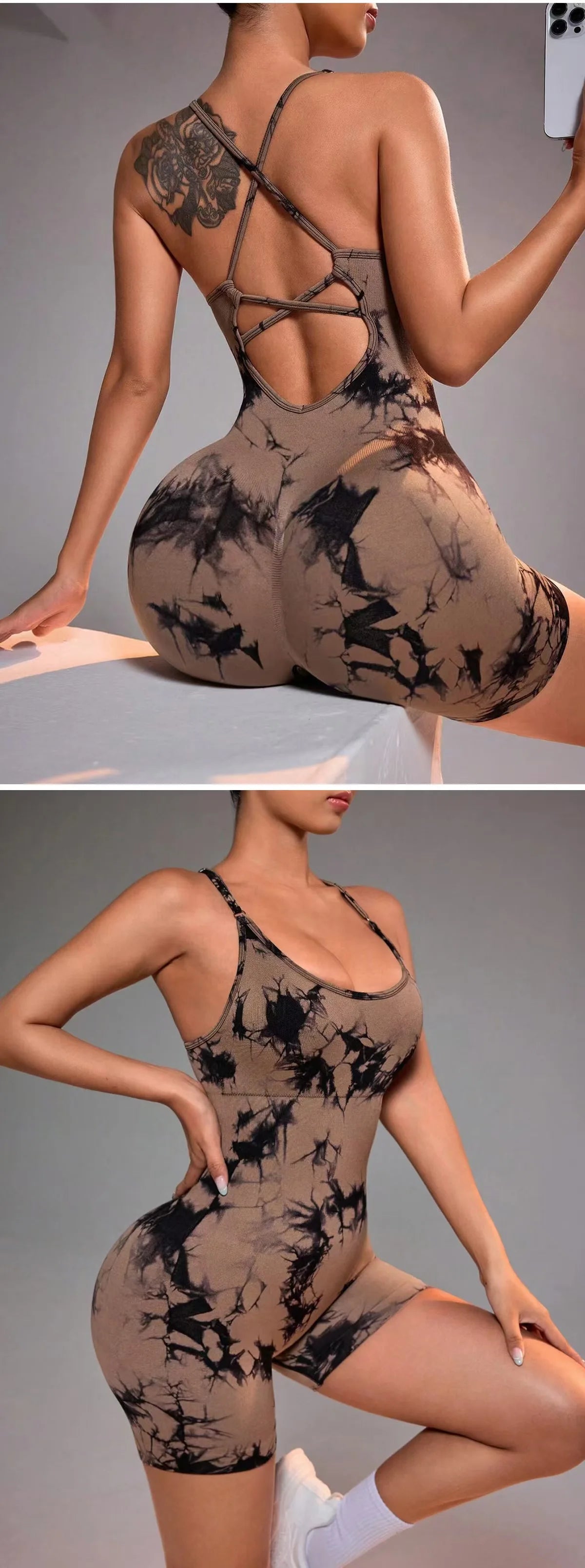 Tie Dye Yoga Bodysuit for Women - Seamless Strappy Dance Leotard High Cut Workout Unitard for Gym Fitness Jumpsuit