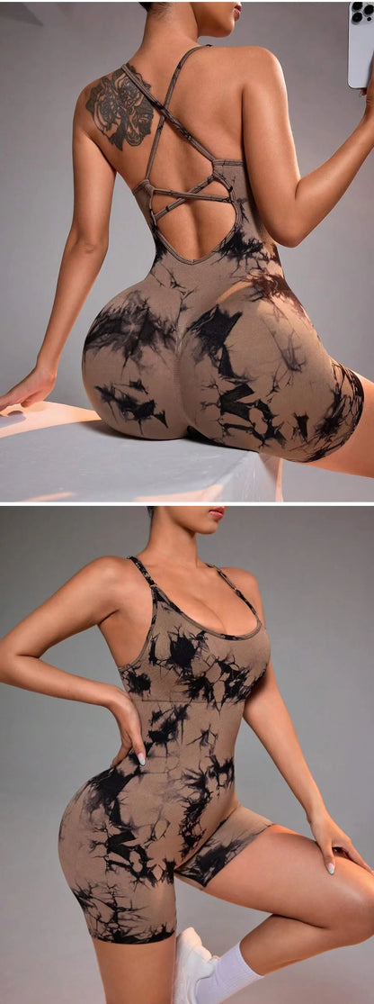 Tie Dye Yoga Bodysuit for Women - Seamless Strappy Dance Leotard High Cut Workout Unitard for Gym Fitness Jumpsuit