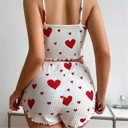 2 Piece Women's Pajamas Set Straps Sleepwear Vest Shorts set Red Heart Print Nightwear Lingerie The Clothing Company Sydney