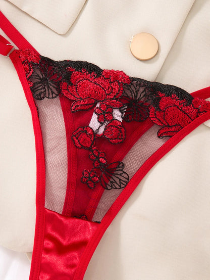 Two piece Embroidered bra Women's Floral Embroidered Lingerie - Black and red Underwear Set The Clothing Company Sydney