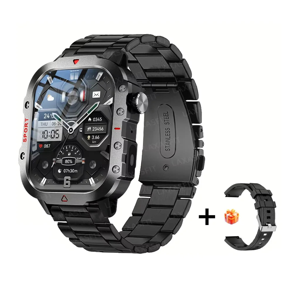 Men's LED smart watch by The Clothing Company Sydney with Bluetooth, voice control, multi-sport modes, and health monitoring features.