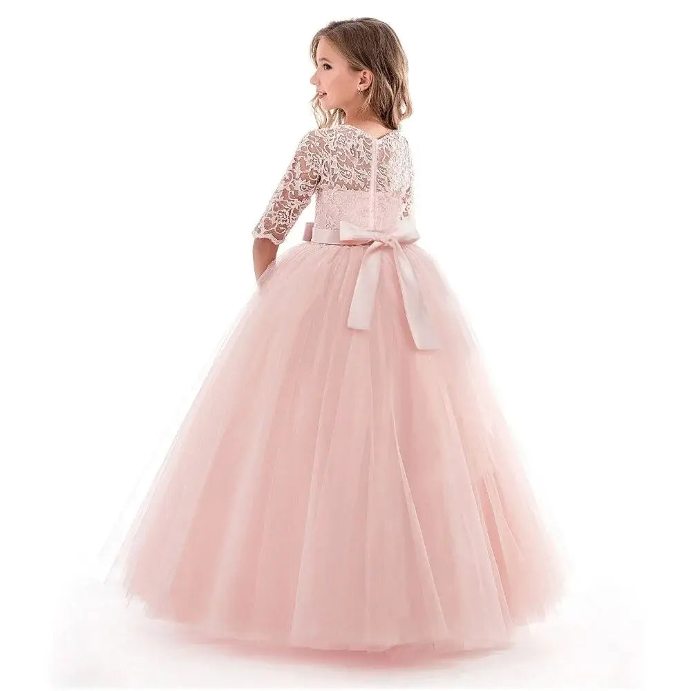 Kids dress birthday party girl princess dress bow fluffy lace flower girl wedding dress girl elegant evening dress