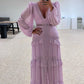 Women V-neck Lantern Long Sleeves Maxi Dress Elegant Patchwork Ruffles Hollow Lace Slim  Summer Dress