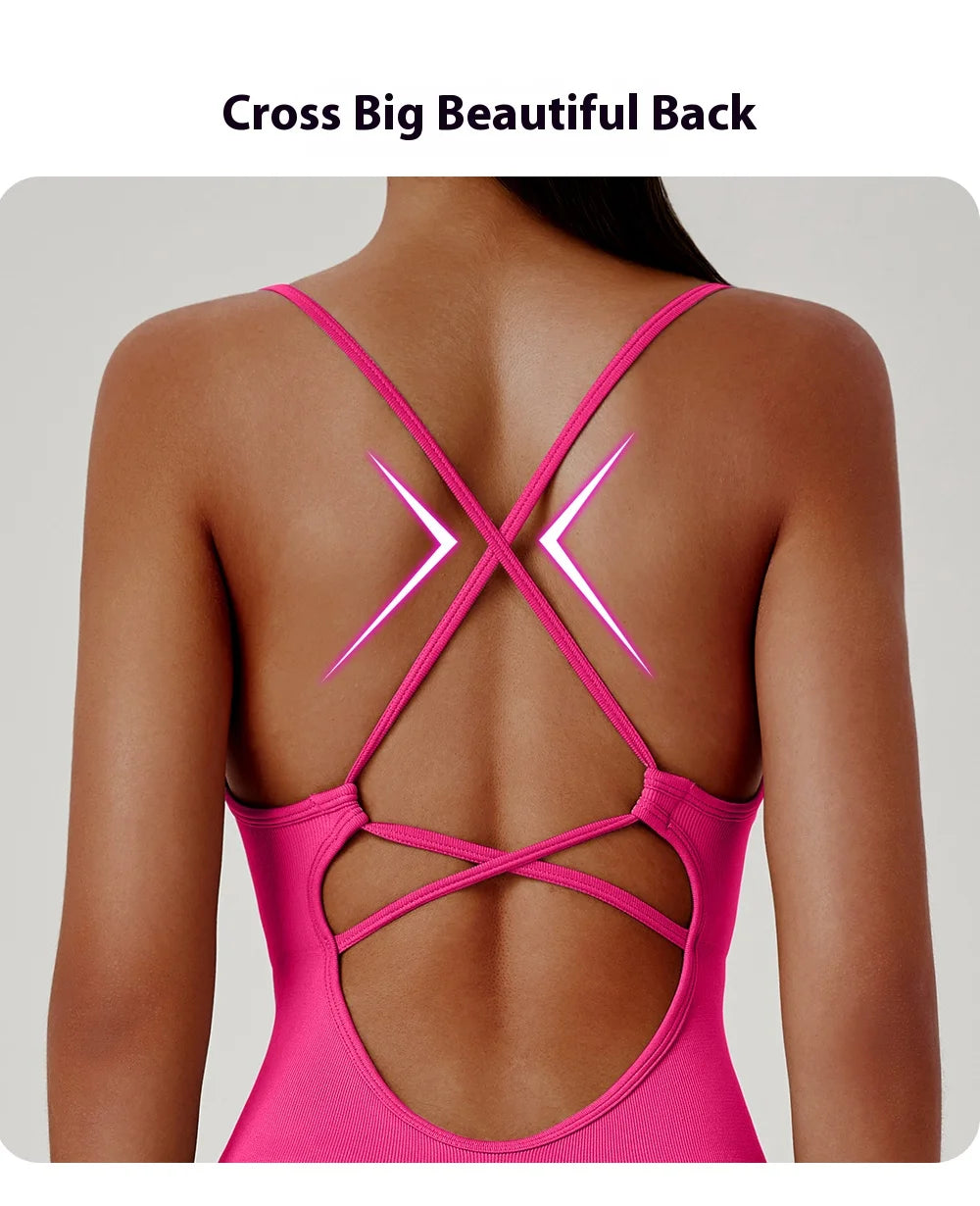 Women's Slim-Fit Yoga Shorts Seamless Back Workout Bodysuit Breathable Quick-Dry Gym Running Pilates Fitness Jumpsuit