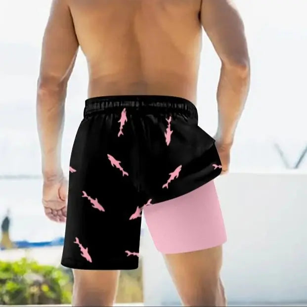 Men's Sharks Print Drawstring Shorts with Pockets Casual Double Layer Summer Beach Swim Trunks Board Shorts