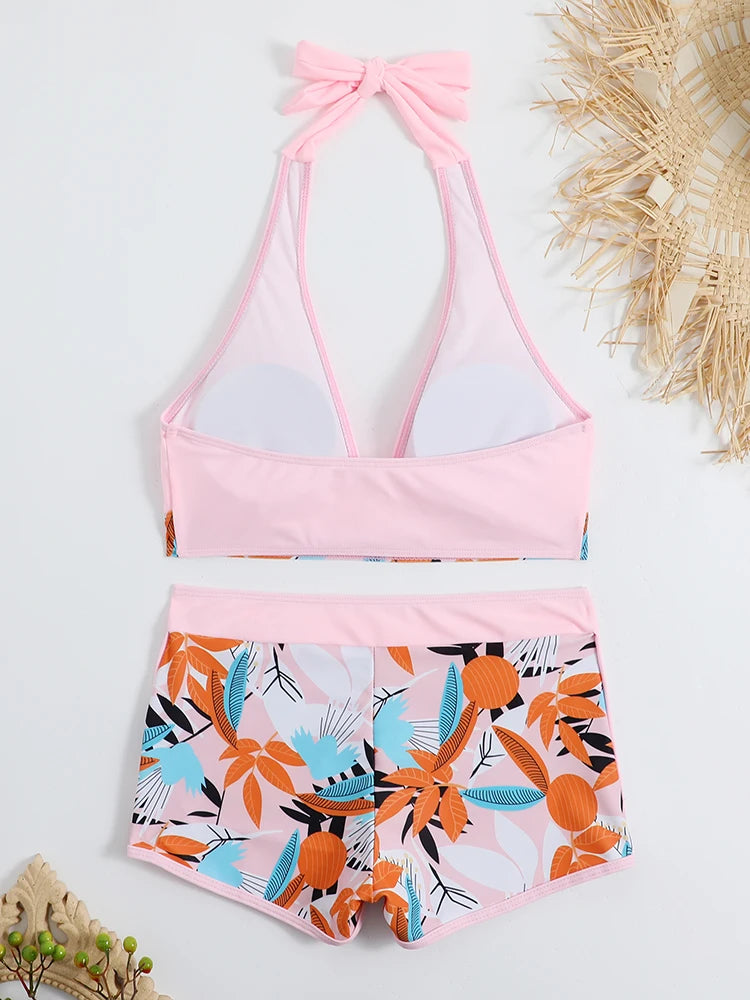 2 Piece Halter Bikini Set Shorts Swimsuit High Waist Swimwear Female Printed Bathers Swimming Bathing Swim Suit Beachwear