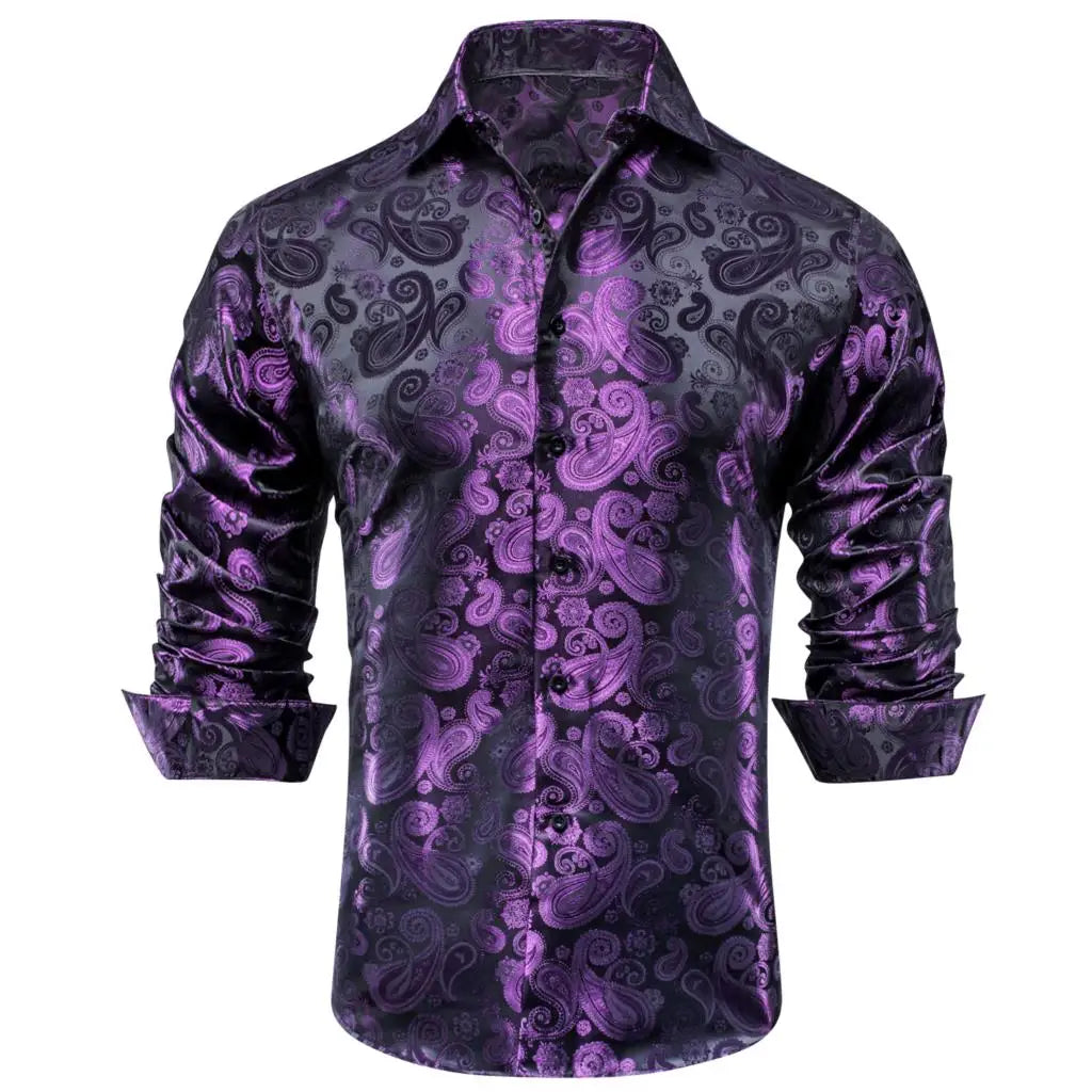 Lilac Mauve Lavender Purple Silk Mens Shirts Luxury Lapel Long Sleeve Dress Shirt