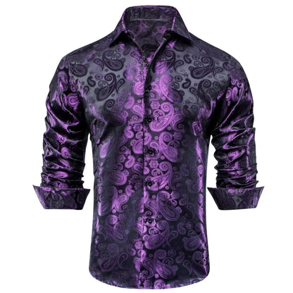 Lilac Mauve Lavender Purple Silk Mens Shirts Luxury Lapel Long Sleeve Dress Shirt