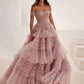 Pink Off Shoulder Tulle Prom Dress Elegant Multi layer A-line Lace Up Back Sleeveless Evening Dress The Clothing Company Sydney