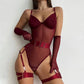 Tight Fitting Lace Bodysuit With Gloves Garter Night Club Outfit Mesh Top Lingerie Set