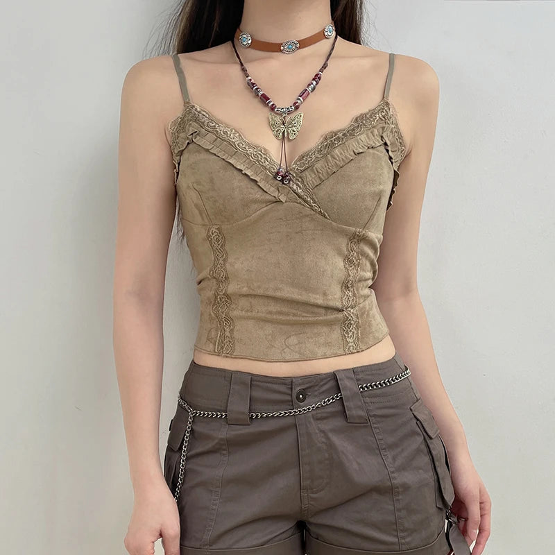 V Neck Strap Lace Trim Frill Suede Vintage Y2K Top Camisole Fashion Ruffles Party Summer Crop Top The Clothing Company Sydney