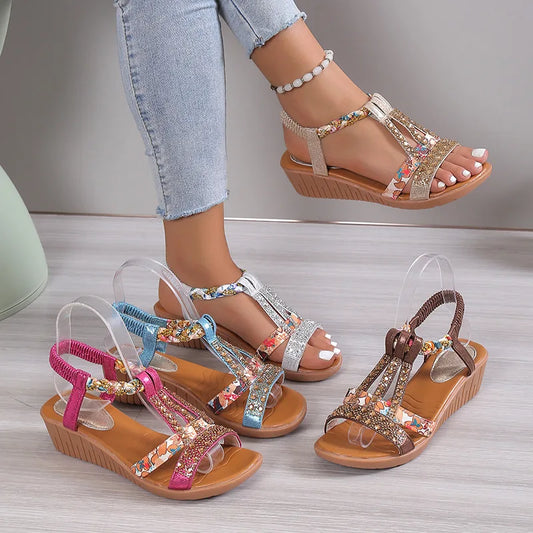 Women's Wedge Sandals Summer Shoes Shiny Rhinestones Elastic Platform Peep Toe Outdoor Sandals The Clothing Company Sydney