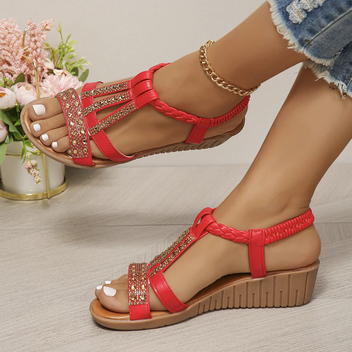 Women's Wedge Sandals Summer Shoes Shiny Rhinestones Elastic Platform Peep Toe Outdoor Sandals