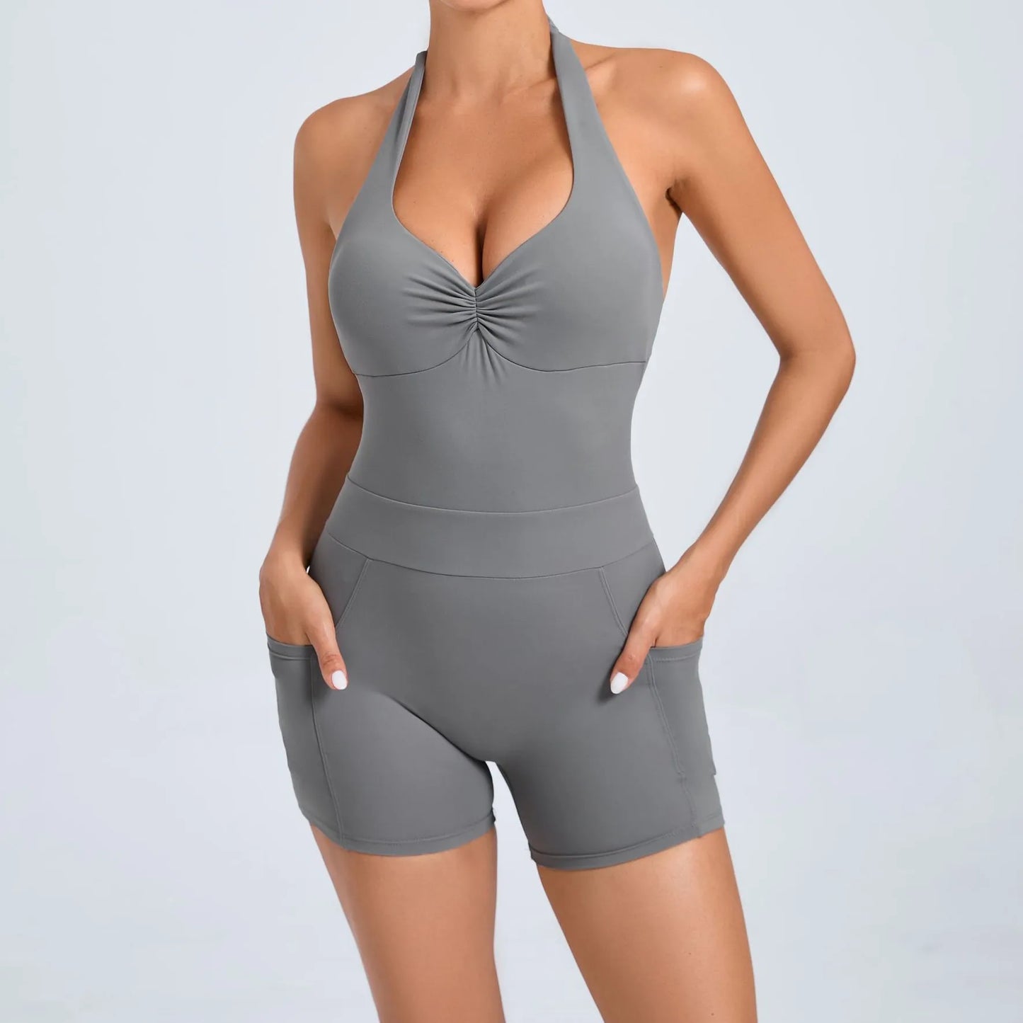 Hollow Backless Sport Short One Piece Jumpsuit Pocket Unitard Yoga Set Gym Women Romper Fitness Scrunch Squat Outfit Set The Clothing Company Sydney