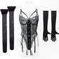 Lace Bodysuit Lace Up Costume Long Gloves Stocking See-Through Tights Lingerie Matching Outfit Set