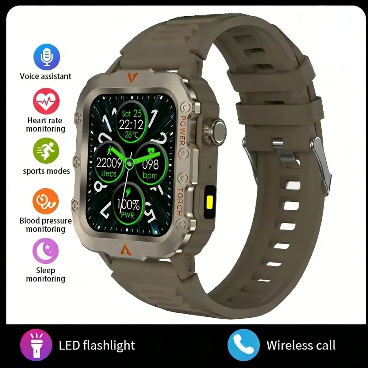 Men's LED smart watch by The Clothing Company Sydney featuring Bluetooth, voice control, multi-sport modes, and health monitoring.