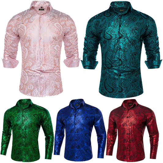 Pink Blue Red Paisley Print Men's Long Sleeve Social Men Clothing Tops Slim Fit Dress Shirts