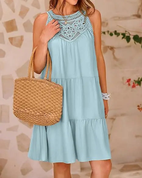 Hollow Lace Patchwork Halter Neck Women A Line Dress Summer Casual Solid Color Loose Beach Holiday Sundress