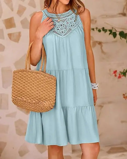 Hollow Lace Patchwork Halter Neck Women A Line Dress Summer Casual Solid Color Loose Beach Holiday Sundress - The Clothing Company Sydney