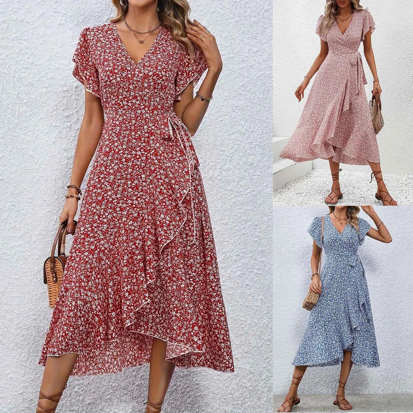 Women's Split Midi Floral Wrap Summer Irregular High Waist Boho Long Dress A-Line V-Neck Holiday Beach Sundress