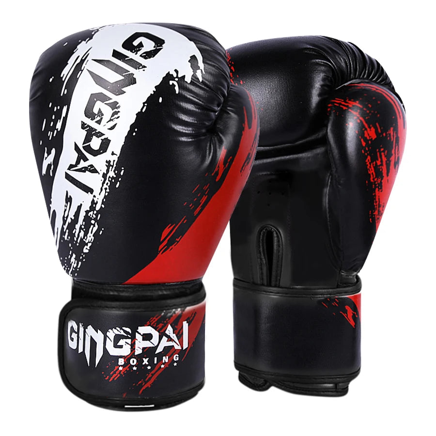 Black, red and blue adult and kid Muay Thai boxing gloves with adjustable wrist strap for training and sparring