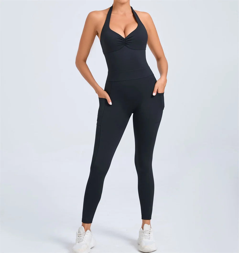 Hollow Backless Sport Short One Piece Jumpsuit Pocket Unitard Yoga Set Gym Women Romper Fitness Scrunch Squat Outfit Set The Clothing Company Sydney