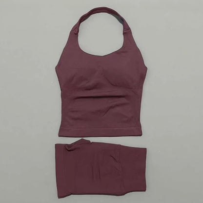 2 Piece Sports Halter Top Strappy Bra Shorts Matching Set Seamless Yoga Gym Running Fitness Shorts Suit