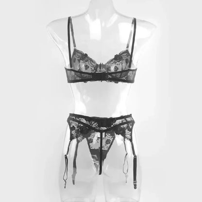Women's 3 Piece Lace Embroidery Push Up Bra Panties Sets Deep V Gather Underwear Bras Brassiere Lingerie Set