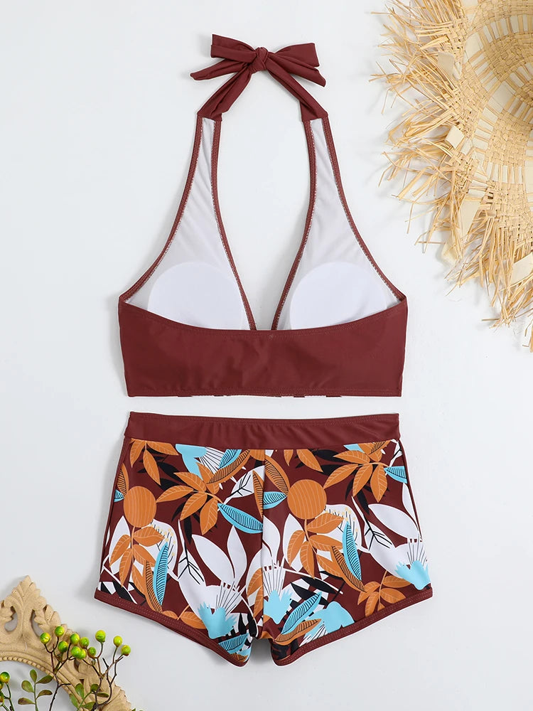 2 Piece Halter Bikini Set Shorts Swimsuit High Waist Swimwear Female Printed Bathers Swimming Bathing Swim Suit Beachwear