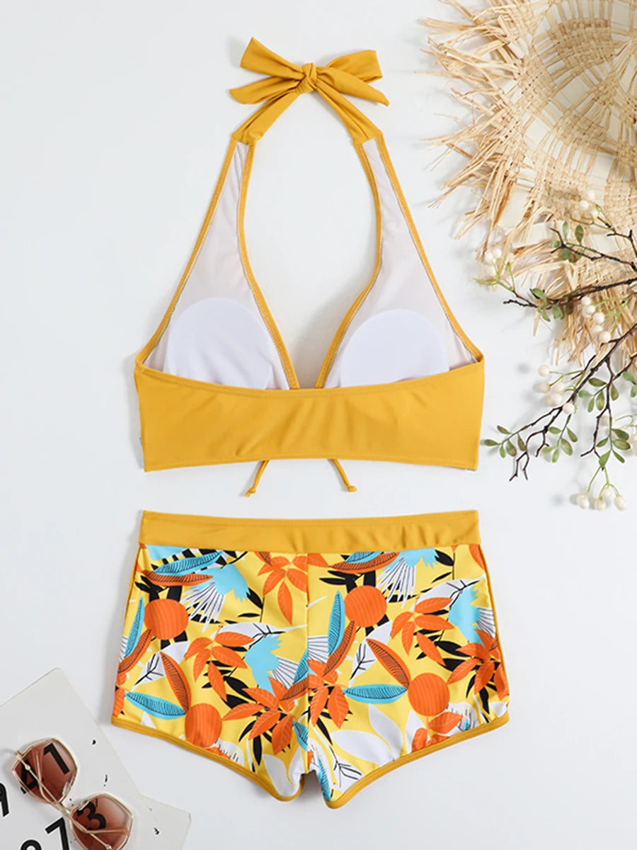2 Piece Halter Bikini Set Shorts Swimsuit High Waist Swimwear Female Printed Bathers Swimming Bathing Swim Suit Beachwear