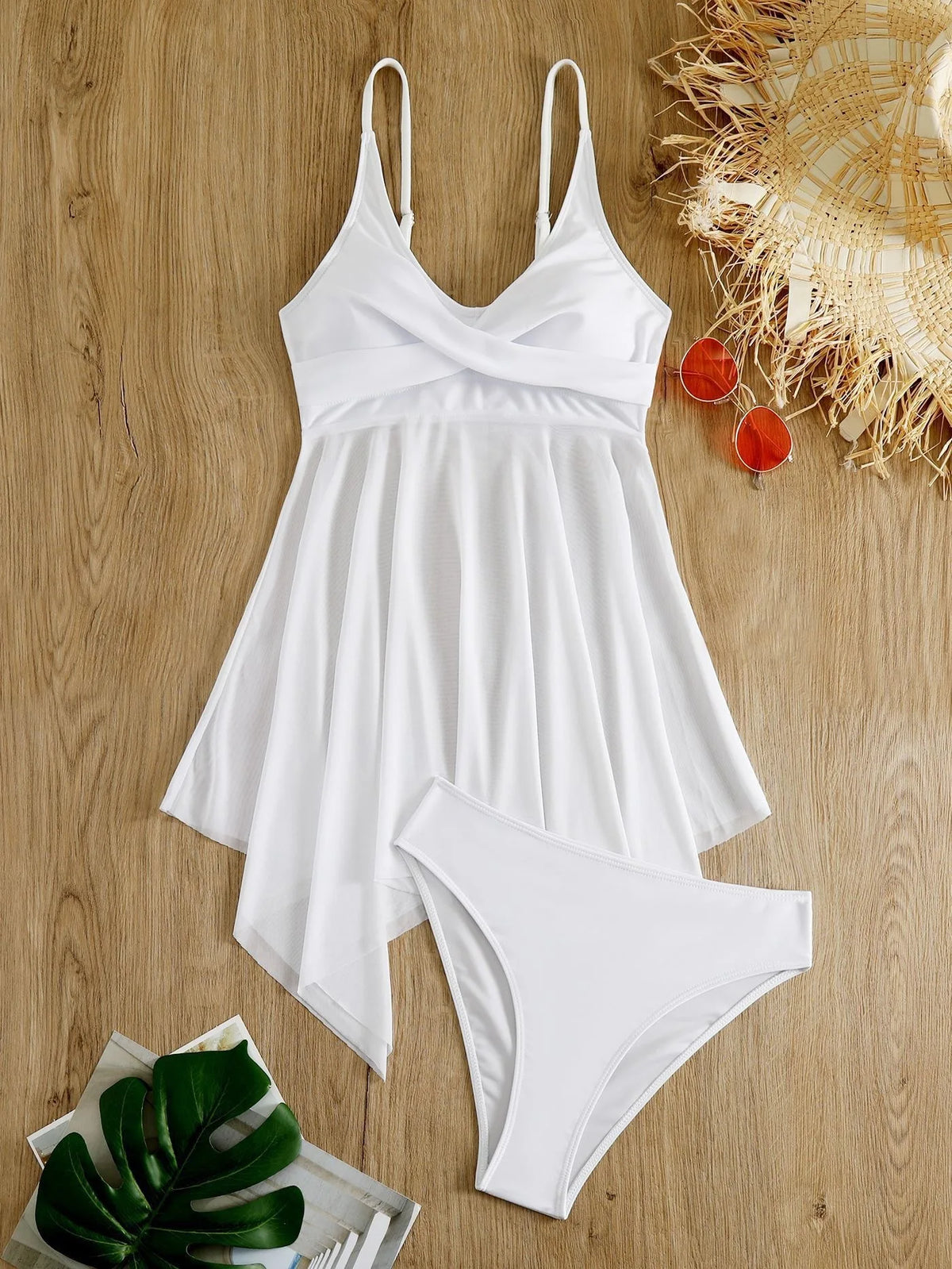 Women's plus size two-piece tankini set swimsuit with dress-style beachwear design