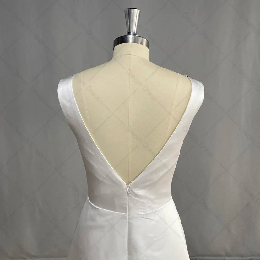 Short Mini Satin V Neck Bridal Gown Large Bow Open Back Sleeveless Above Knee Length Wedding Party Dress The Clothing Company Sydney